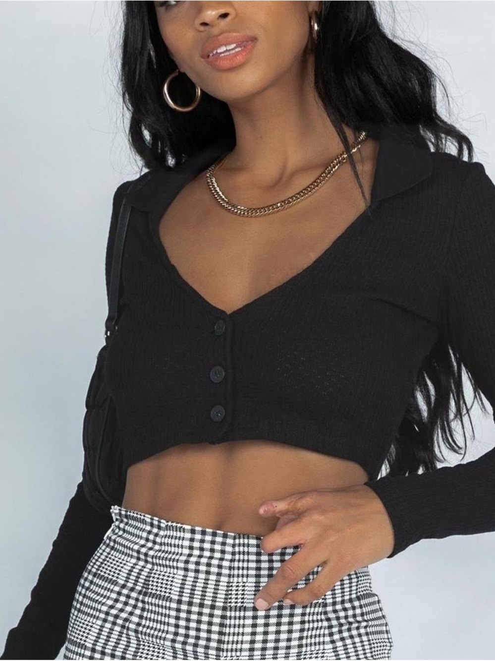 Princess Polly Black Cropped Button-Front Top with Collar